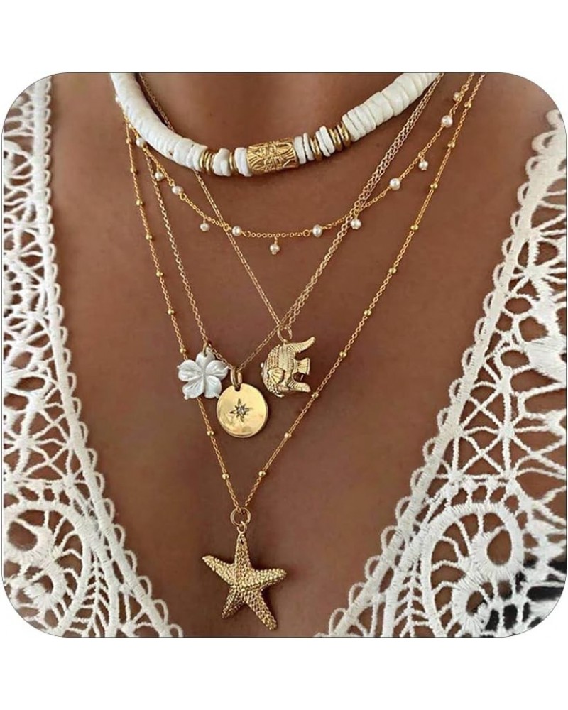 Beach Charm Necklace for Women Summer Starfish Shell Necklace Layered Beachy Necklaces Surfer Flower Necklace for Teen Girls ...