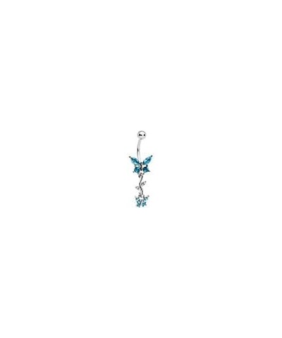 Womens 14G 316L Steel Navel Ring Piercing Color Accent Vine Butterfly Dangle Belly Button Ring Blue $10.79 Body Jewelry