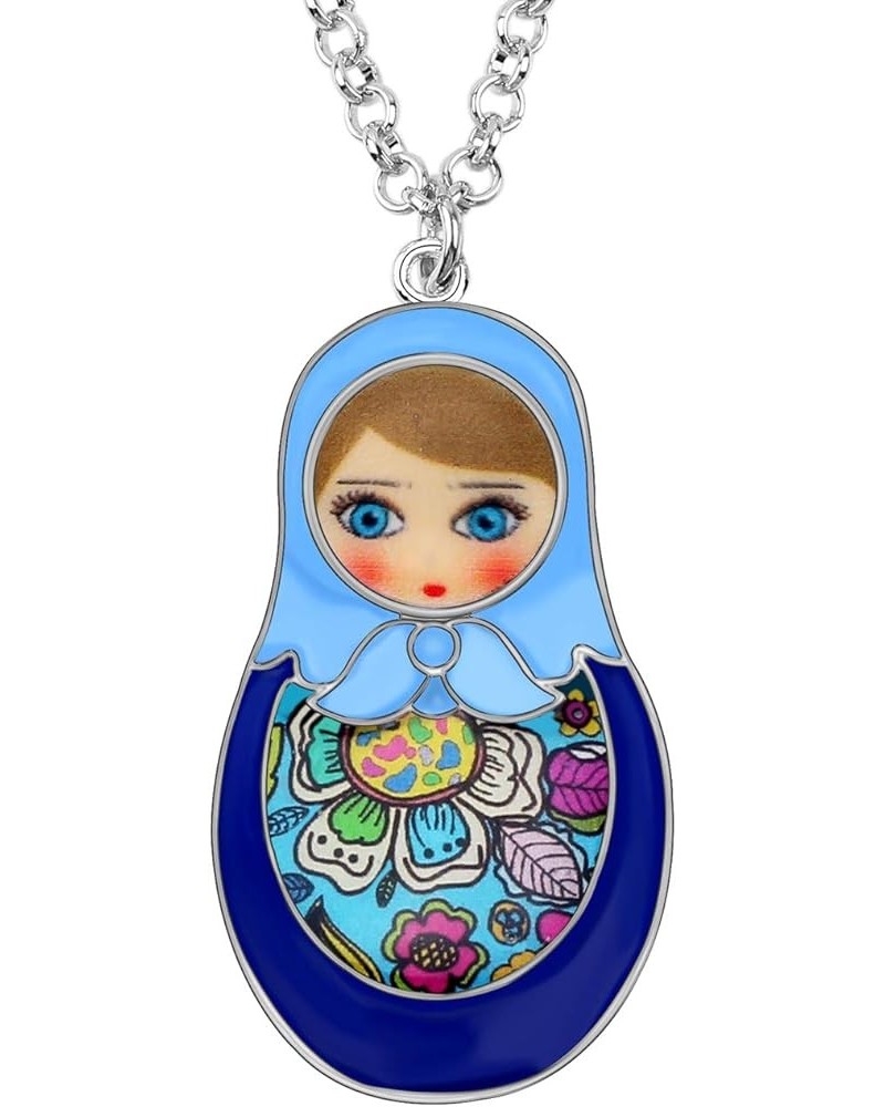 Alloy Doll Necklace Matryoshka Russian Doll Pendant Chain Enamel Jewelry Gifts for Women Girls Blue $9.59 Necklaces