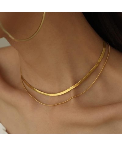 Gold/Silver Layering Necklaces Double Herringbone Chains,14K Real Plated Dainty Choker Layered Necklace One Piece 3/1MM(W) 16...