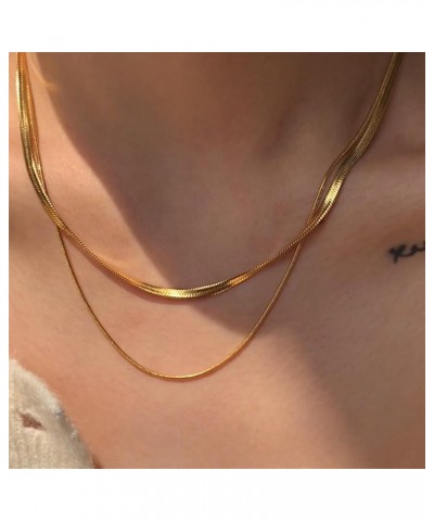 Gold/Silver Layering Necklaces Double Herringbone Chains,14K Real Plated Dainty Choker Layered Necklace One Piece 3/1MM(W) 16...