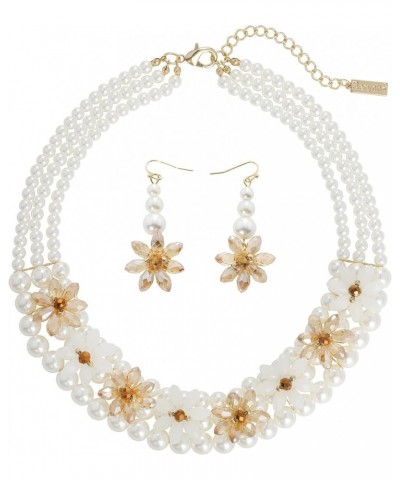 3 Layer Faux Pearl Crystal Flower Deco Collar Necklace with Earrings Jewelry Set for Women White $13.23 Jewelry Sets