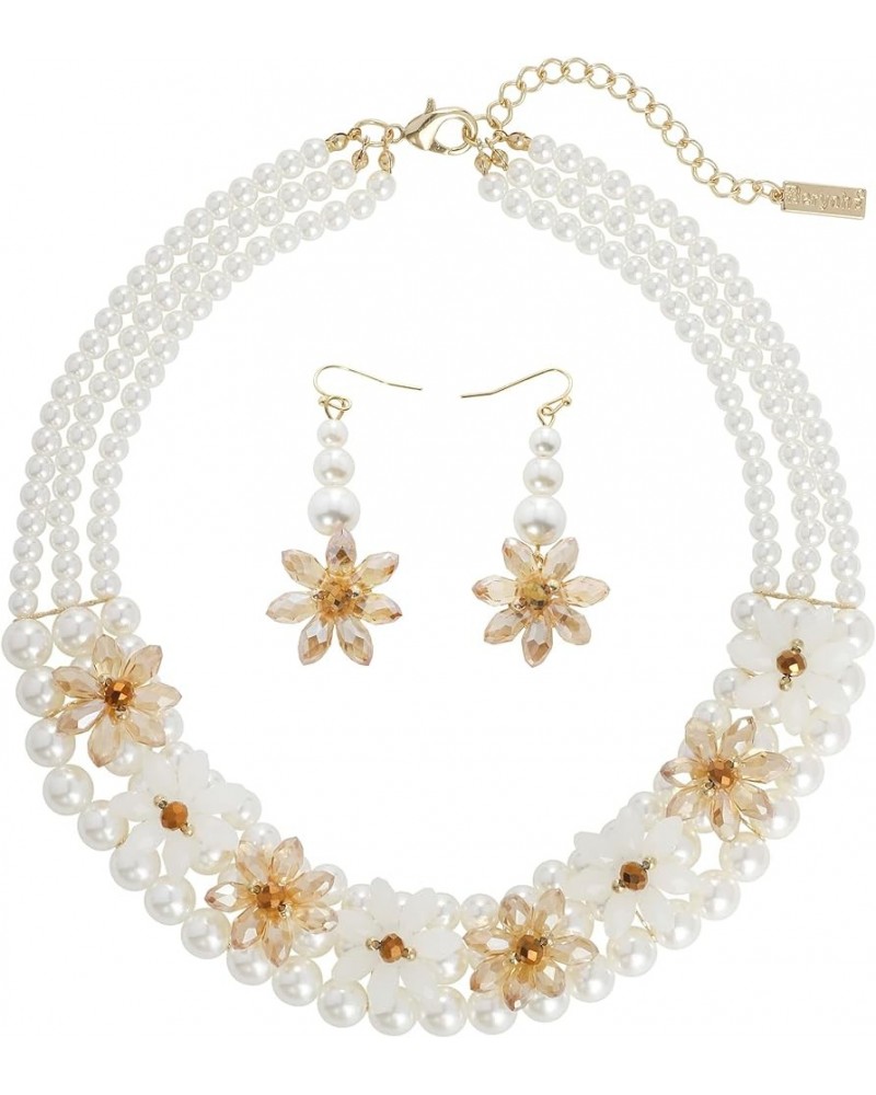 3 Layer Faux Pearl Crystal Flower Deco Collar Necklace with Earrings Jewelry Set for Women White $13.23 Jewelry Sets