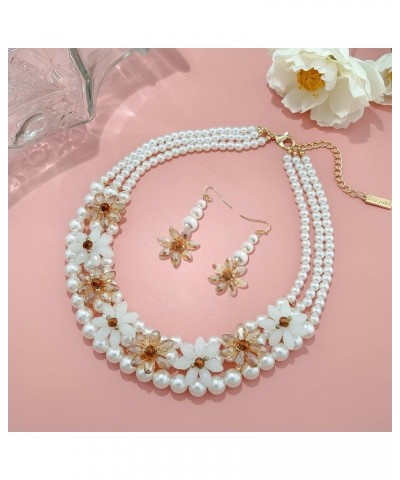 3 Layer Faux Pearl Crystal Flower Deco Collar Necklace with Earrings Jewelry Set for Women White $13.23 Jewelry Sets