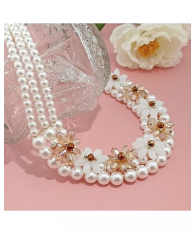 3 Layer Faux Pearl Crystal Flower Deco Collar Necklace with Earrings Jewelry Set for Women White $13.23 Jewelry Sets