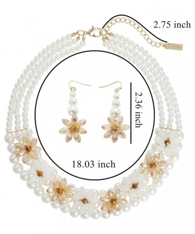 3 Layer Faux Pearl Crystal Flower Deco Collar Necklace with Earrings Jewelry Set for Women White $13.23 Jewelry Sets