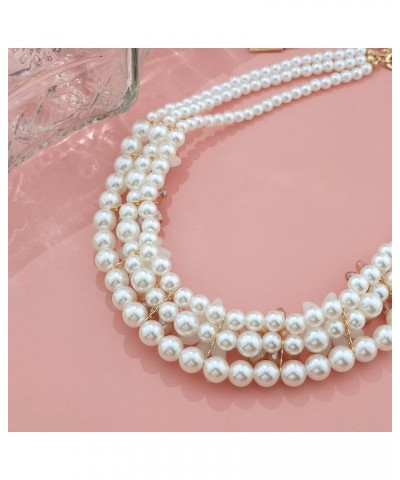 3 Layer Faux Pearl Crystal Flower Deco Collar Necklace with Earrings Jewelry Set for Women White $13.23 Jewelry Sets