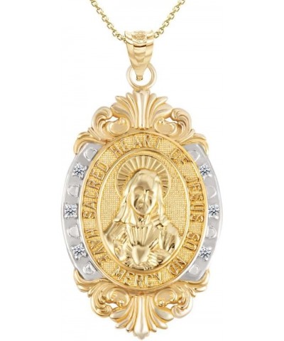 10K or 14K Two-Tone White & Yellow Gold Diamond Accented Sacred Heart Of Jesus Victorian Frame Pendant Necklace - Choice of P...