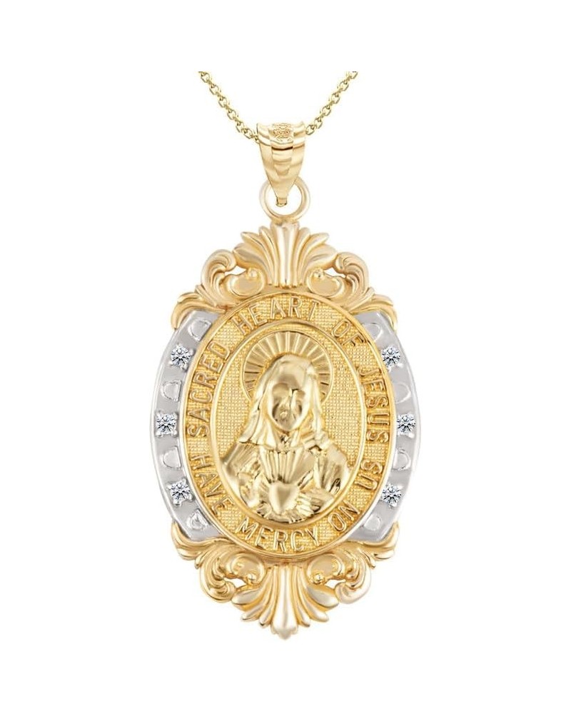 10K or 14K Two-Tone White & Yellow Gold Diamond Accented Sacred Heart Of Jesus Victorian Frame Pendant Necklace - Choice of P...