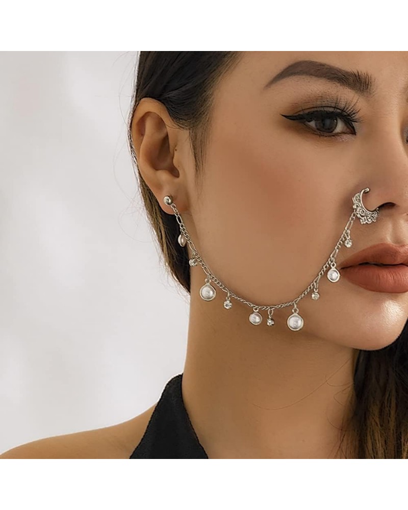 Nose Rings Hoop Chain Fake Septum Ring Non Piercing Nose Rings with Chain Nose to Ear Chain Nose Ring Body Jewelry for Women ...