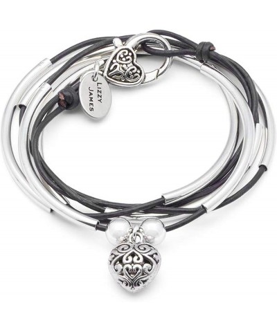 Girlfriend Silver Charm Bracelet Necklace w Puffed Heart Charm in Natural Black Leather SMALL $45.57 Bracelets