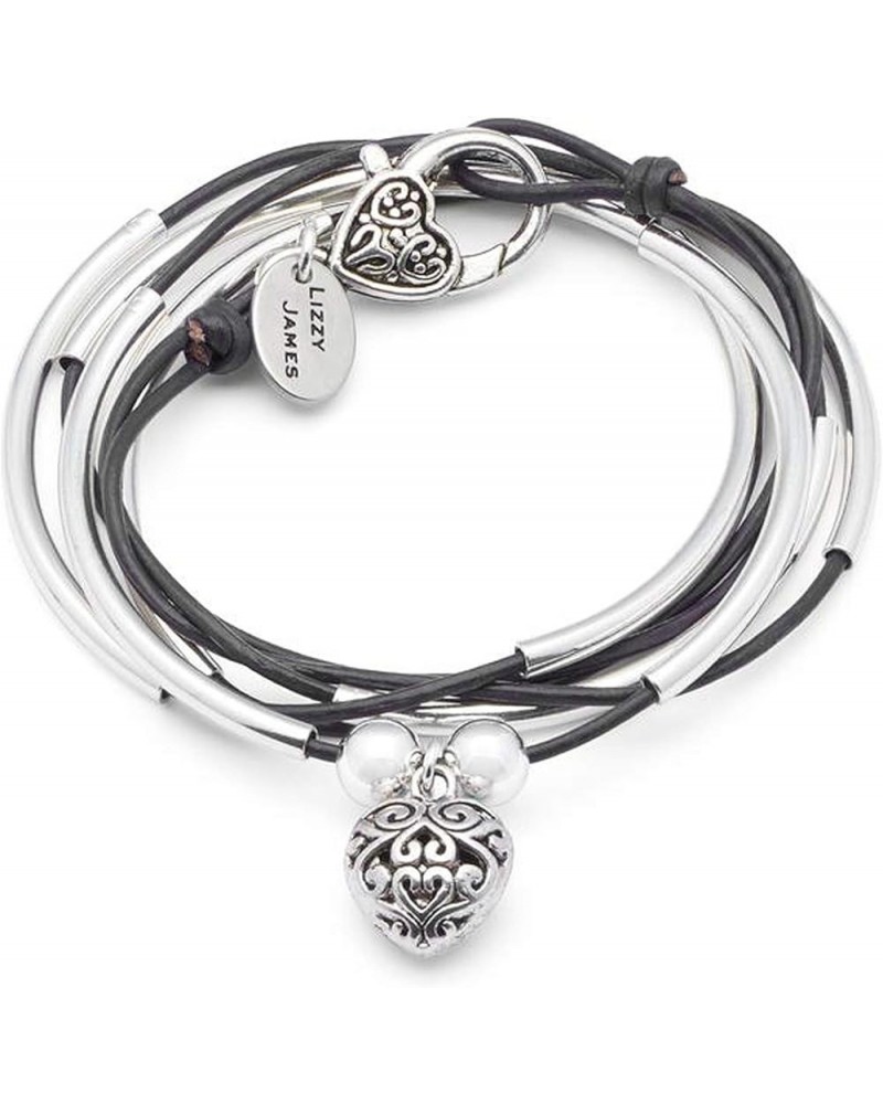 Girlfriend Silver Charm Bracelet Necklace w Puffed Heart Charm in Natural Black Leather SMALL $45.57 Bracelets