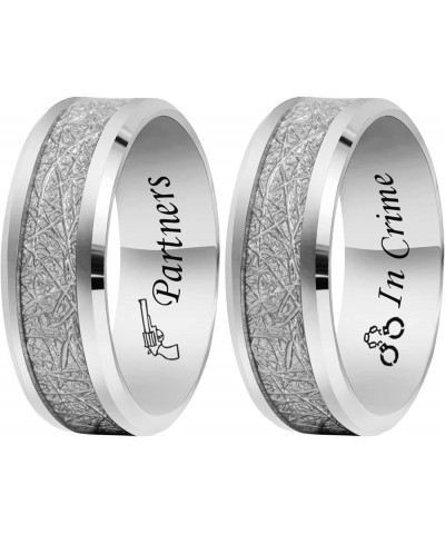 MZZJ Personalized His Hers Couple Rings 8MM Silver Imitated Meteorite Inlay Polish Stainless Steel Flat Bevel Edges Engagemen...