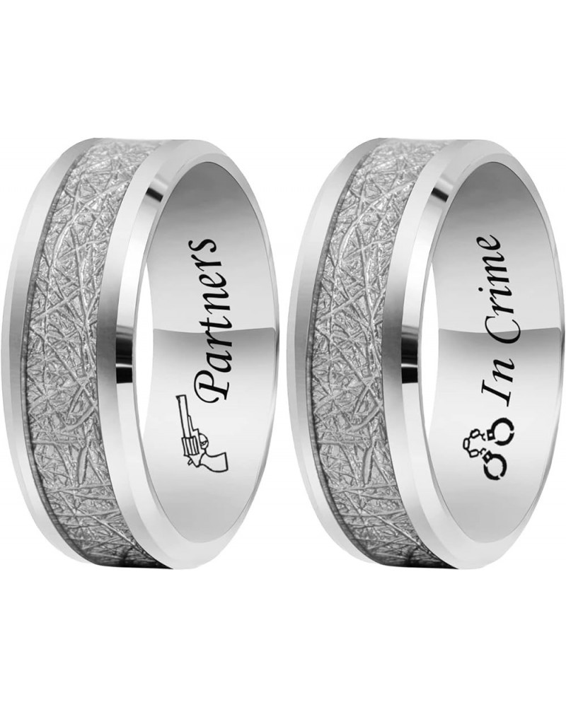 MZZJ Personalized His Hers Couple Rings 8MM Silver Imitated Meteorite Inlay Polish Stainless Steel Flat Bevel Edges Engagemen...