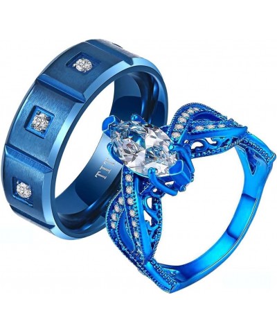 Couple Rings Princess cut Blue Cz Womens Wedding Ring Sets Titanium Steel Man Wedding Bands(Please Buy 2 Rings for 1 Pair) Bl...