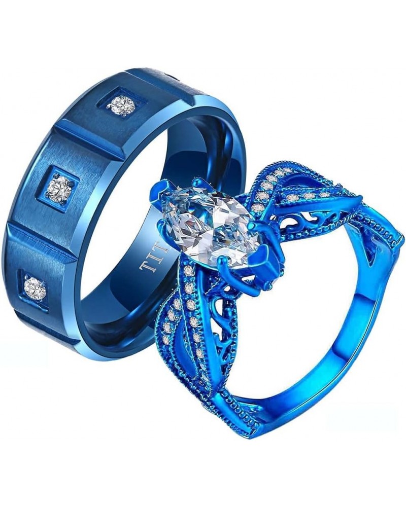 Couple Rings Princess cut Blue Cz Womens Wedding Ring Sets Titanium Steel Man Wedding Bands(Please Buy 2 Rings for 1 Pair) Bl...