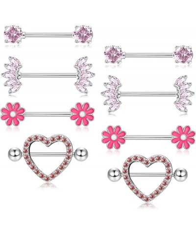 4 Pairs Nipple Rings Surgical Steel Cute Small Heart Diamond Barbell Nipple Rings for Women 14G Nipple Barbell Nipple Piercin...