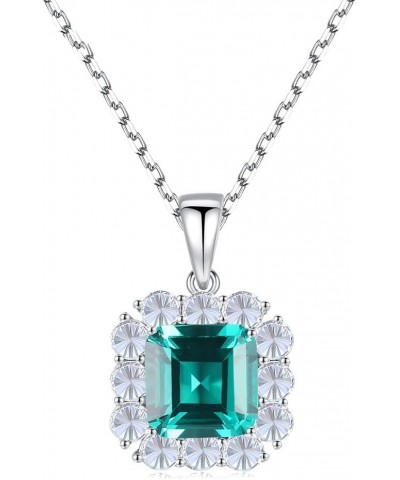 925 Sterling Silver CZ Zircon Halo Simulated Emerald Pendant Necklace for Women, Cubic Zirconia Asscher Cut Nano Green Gemsto...