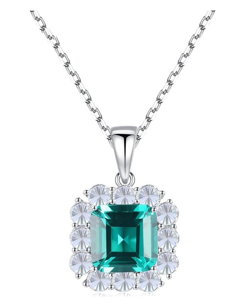 925 Sterling Silver CZ Zircon Halo Simulated Emerald Pendant Necklace for Women, Cubic Zirconia Asscher Cut Nano Green Gemsto...