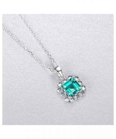 925 Sterling Silver CZ Zircon Halo Simulated Emerald Pendant Necklace for Women, Cubic Zirconia Asscher Cut Nano Green Gemsto...