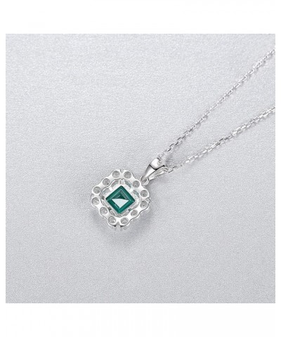 925 Sterling Silver CZ Zircon Halo Simulated Emerald Pendant Necklace for Women, Cubic Zirconia Asscher Cut Nano Green Gemsto...