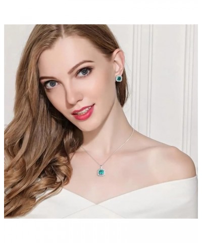 925 Sterling Silver CZ Zircon Halo Simulated Emerald Pendant Necklace for Women, Cubic Zirconia Asscher Cut Nano Green Gemsto...