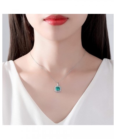 925 Sterling Silver CZ Zircon Halo Simulated Emerald Pendant Necklace for Women, Cubic Zirconia Asscher Cut Nano Green Gemsto...