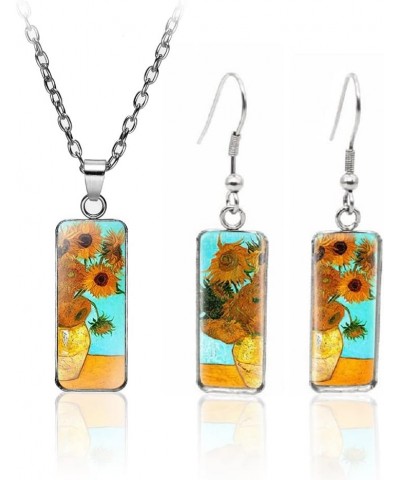 Rectangle earrings Stainless Steel necklace set Vincent Van Gogh classic Artistic painting Starry Sky ，Sunflower，Night cafe, ...