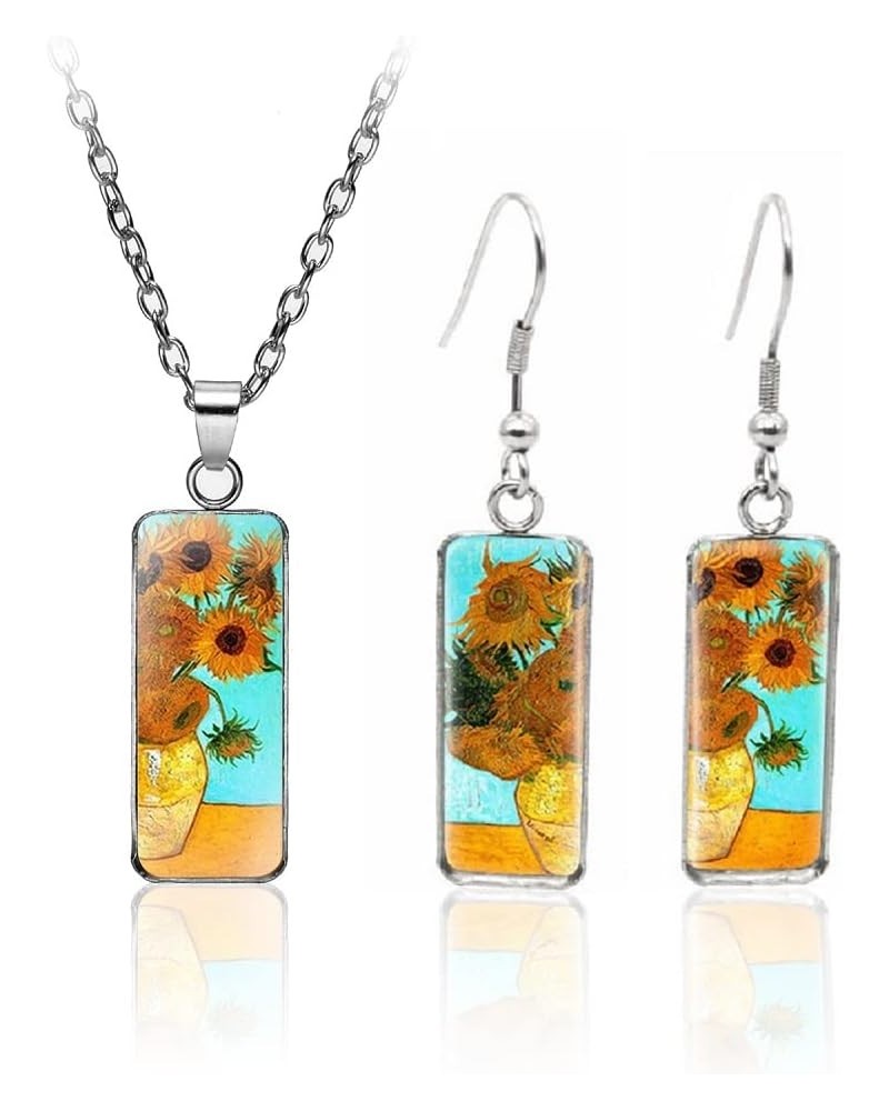 Rectangle earrings Stainless Steel necklace set Vincent Van Gogh classic Artistic painting Starry Sky ，Sunflower，Night cafe, ...