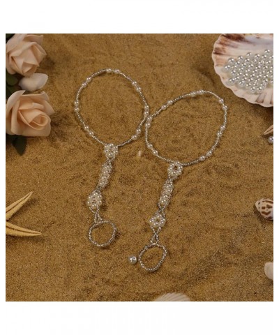 Bohemian Handmade Starfish Barefoot Sandals 2pcs Beach Wedding Pearl Foot Chain with Toe Ring Elegant Crystal Beaded Anklet A...