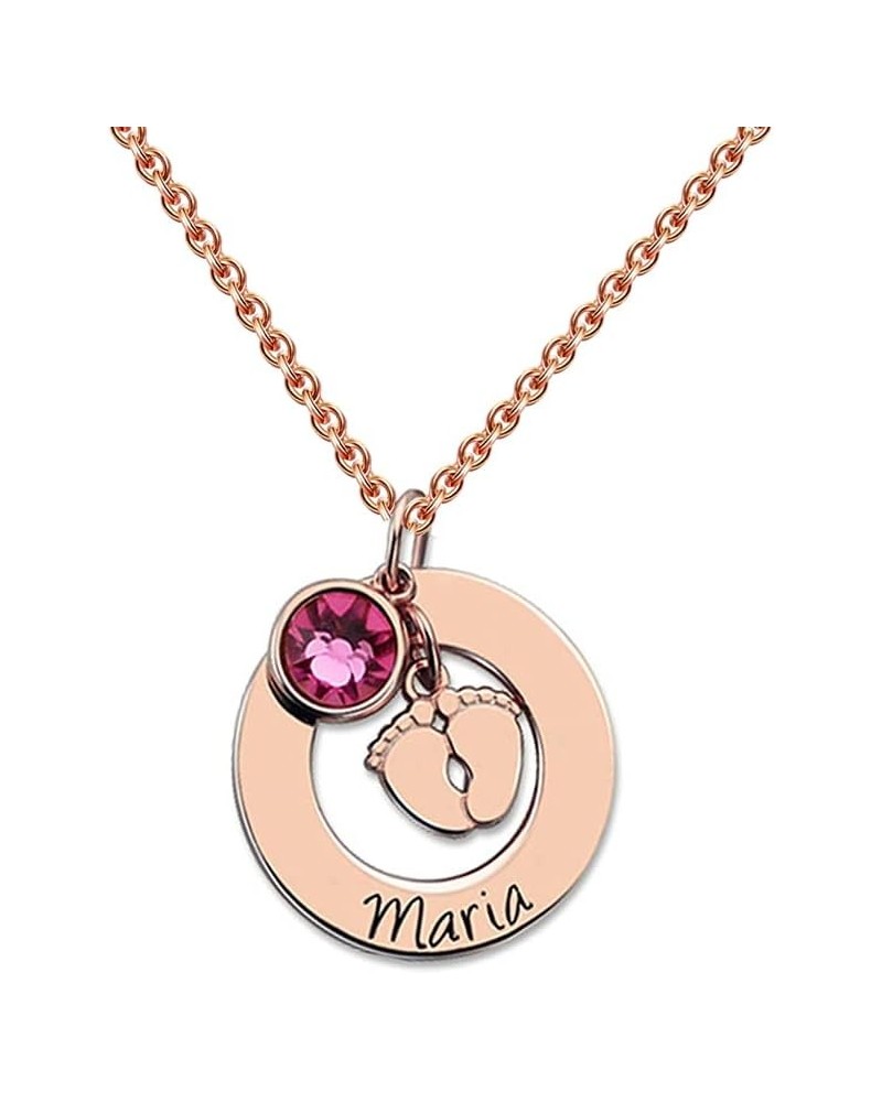 Personalized Name Disc Necklace with Baby Feet Synthetic Birthstone Custom Engraved Name Initial Date Number Gift for Mother ...