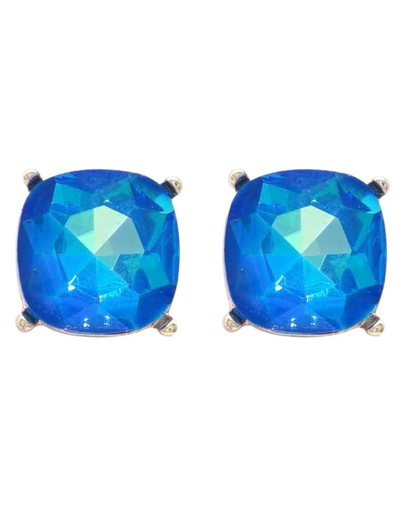 Sparkly Color Glass Post Earrings - Cushion Cut Solid, Square Lever, Round, Semi Precious Glitters Epoxy, For Women Blue base...