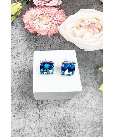 Sparkly Color Glass Post Earrings - Cushion Cut Solid, Square Lever, Round, Semi Precious Glitters Epoxy, For Women Blue base...