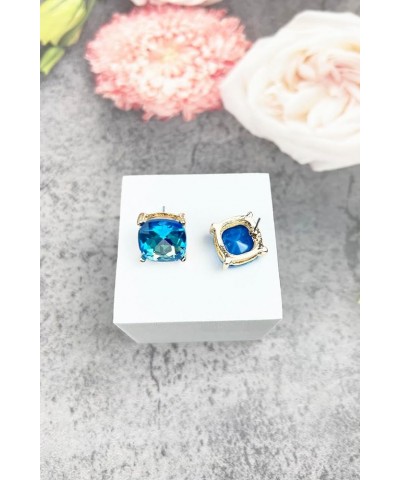 Sparkly Color Glass Post Earrings - Cushion Cut Solid, Square Lever, Round, Semi Precious Glitters Epoxy, For Women Blue base...