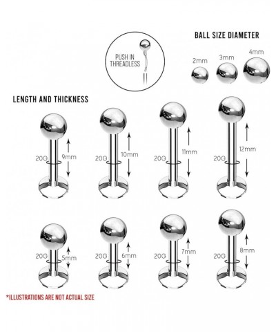 Labret Stud Tragus Earring 16G 18G 20G CZ Crystal Push In Surgical Steel Helix Monroe Jewelry 20G, 5mm (7/32"), Silvertone, B...