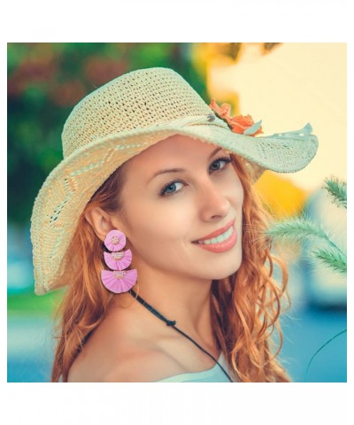 Statement Earrings Beaded Raffia Palm Bohemian Drop Dangle Earrings for women Light Pink $7.64 Earrings