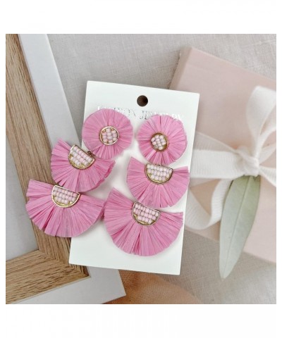 Statement Earrings Beaded Raffia Palm Bohemian Drop Dangle Earrings for women Light Pink $7.64 Earrings