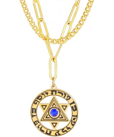 Star Of David Jewish Layered Necklace For Women Stainless Steel Hebrew Inscription Hexagram Blue Diamond Round Pendant Double...