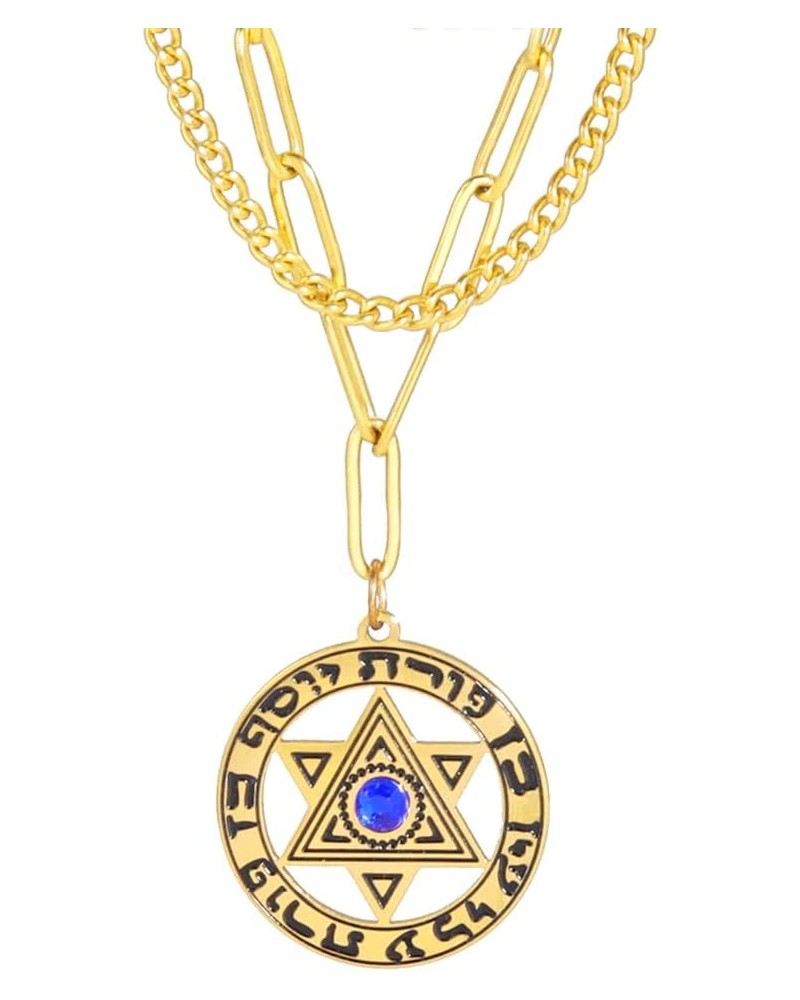 Star Of David Jewish Layered Necklace For Women Stainless Steel Hebrew Inscription Hexagram Blue Diamond Round Pendant Double...