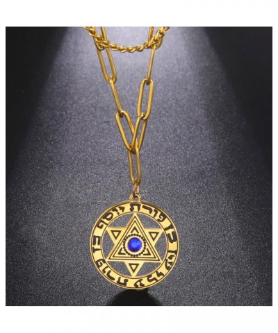 Star Of David Jewish Layered Necklace For Women Stainless Steel Hebrew Inscription Hexagram Blue Diamond Round Pendant Double...