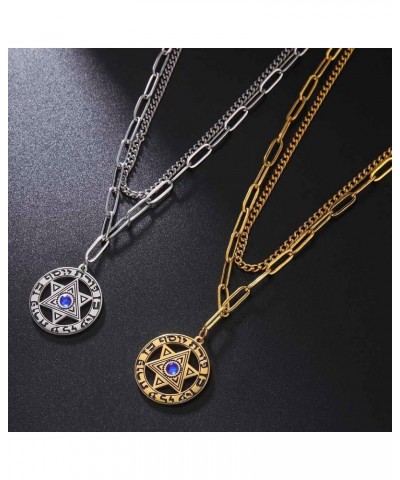 Star Of David Jewish Layered Necklace For Women Stainless Steel Hebrew Inscription Hexagram Blue Diamond Round Pendant Double...