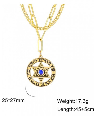 Star Of David Jewish Layered Necklace For Women Stainless Steel Hebrew Inscription Hexagram Blue Diamond Round Pendant Double...