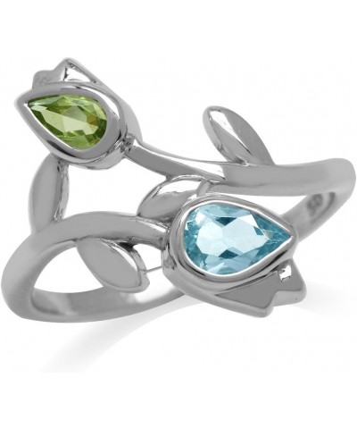 Genuine Gemstones 925 Sterling Silver Tulip Flower Wedding Party Right Hand Ring Jewelry for Women Blue Topaz and Green Perid...