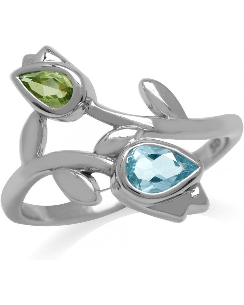 Genuine Gemstones 925 Sterling Silver Tulip Flower Wedding Party Right Hand Ring Jewelry for Women Blue Topaz and Green Perid...