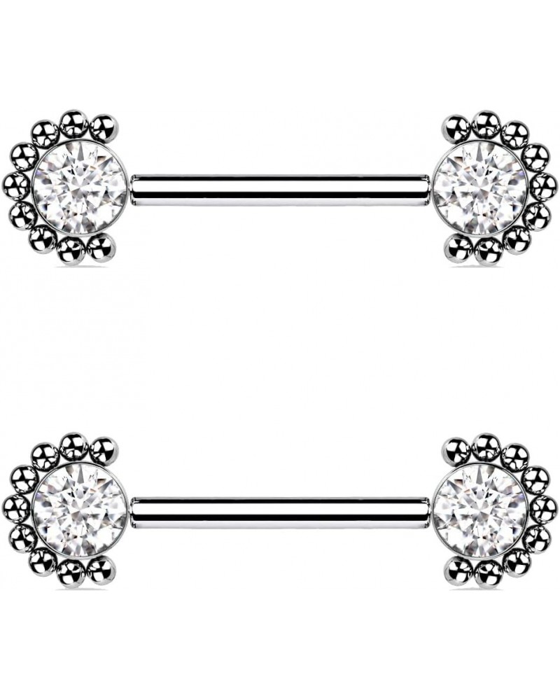 Dynamique Implant Grade Titanium Threadless Push in Nipple Barbell With Forward Facing Bezel Set CZ or Opal and Beaded Ball E...