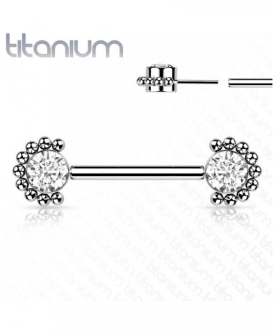 Dynamique Implant Grade Titanium Threadless Push in Nipple Barbell With Forward Facing Bezel Set CZ or Opal and Beaded Ball E...