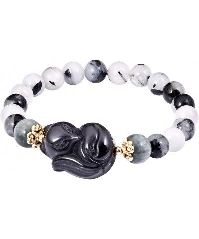 Obsidian Fox Bracelet Black Rutilated Quartz Gemstone Healing Crystals Elastic Jewelry Gifts for Women $13.34 Bracelets