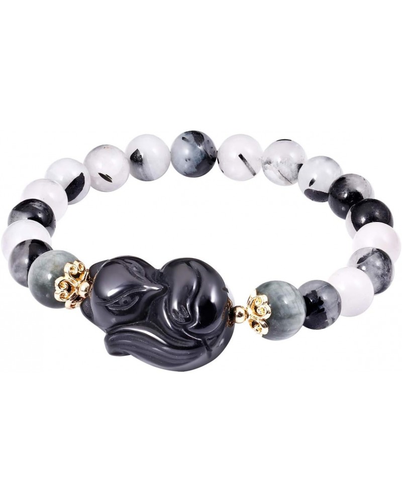 Obsidian Fox Bracelet Black Rutilated Quartz Gemstone Healing Crystals Elastic Jewelry Gifts for Women $13.34 Bracelets