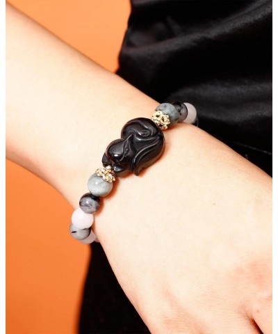 Obsidian Fox Bracelet Black Rutilated Quartz Gemstone Healing Crystals Elastic Jewelry Gifts for Women $13.34 Bracelets