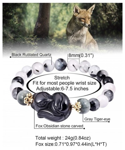 Obsidian Fox Bracelet Black Rutilated Quartz Gemstone Healing Crystals Elastic Jewelry Gifts for Women $13.34 Bracelets